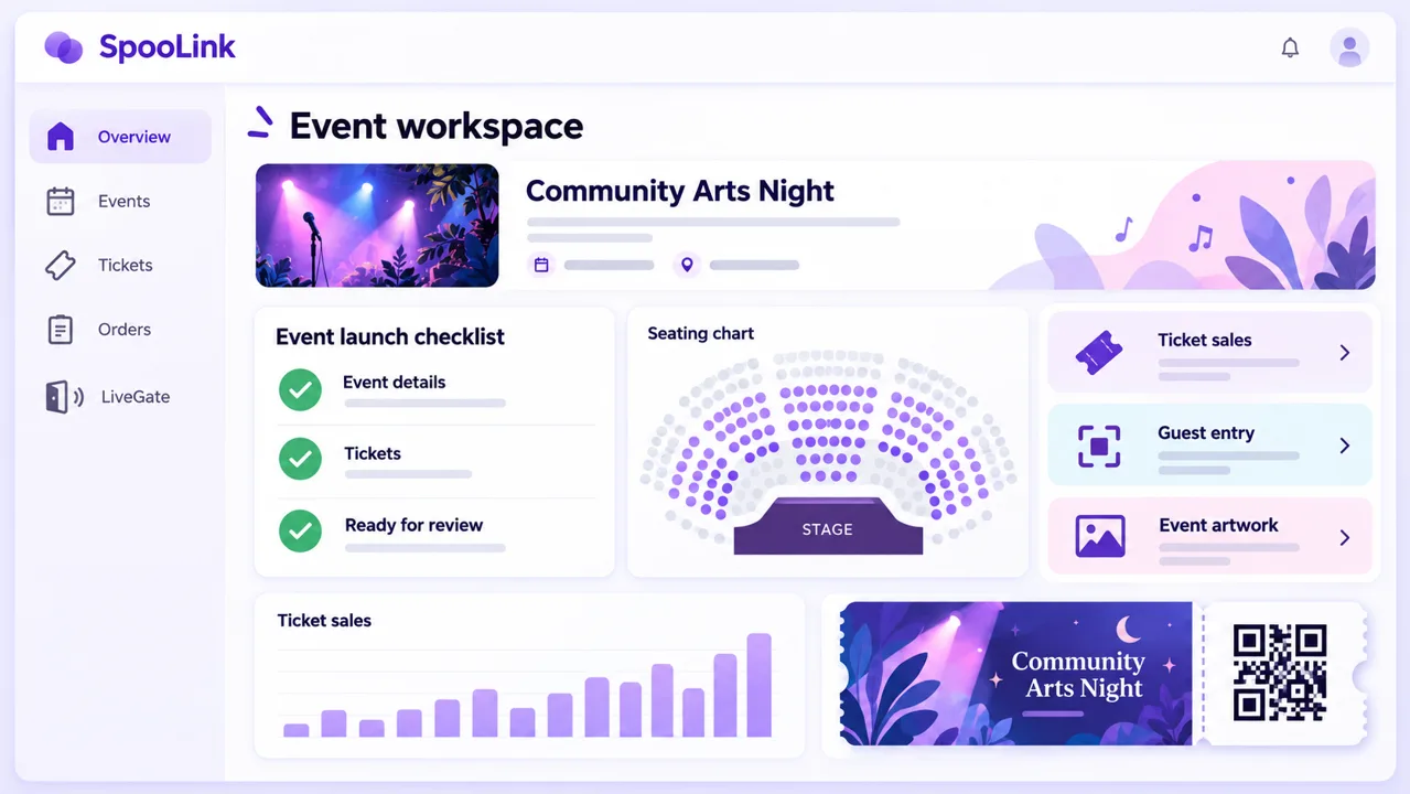 Illustration of an event workspace bringing a launch checklist, seating chart, ticket sales, guest entry, and event artwork together.